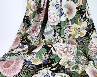 Japanese fabric golden floral Peacock Crane black background, flower and birds pattern, crane print