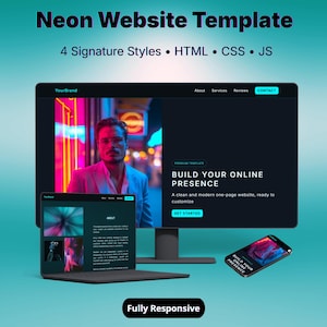 Può includere: Un mockup digitale che mostra un modello di sito web con un tema neon. L'immagine mostra un laptop, un monitor desktop e uno smartphone, tutti con lo stesso design del sito web. Il testo include "Neon Website Template", "Build Your Online Presence" e "Fully Responsive."