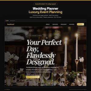 Wedding Planner Website Template, Editable No-Code HTML/CSS, Elegant Gold Theme, Responsive, Instant Download, Own It for Life
