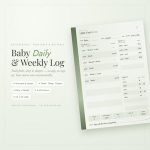 Peut inclure: Un modèle numérique de suivi quotidien et hebdomadaire pour bébé avec un schéma de couleurs vert clair et blanc. Le document comprend des sections pour noter les repas, le sommeil et les changes, avec des champs pour la date, le nom et le poids.