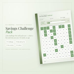 Peut inclure: Un suivi d'épargne imprimable présentant une grille de 100 enveloppes avec des cases numérotées dans des tons verts. Le document comprend des champs de texte pour les objectifs, les dates et la progression, titré 100 Envelope Challenge.