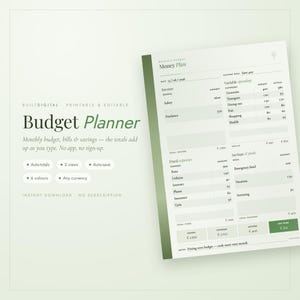 Peut inclure: Un modèle de planificateur budgétaire numérique avec un schéma de couleurs vert clair et blanc. Le texte indique "BUILTDIGITAL", "Budget Planner", "Monthly budget, bills & savings", "Auto-totals", "3 views", "Auto-save", "6 colours", "Any currency".