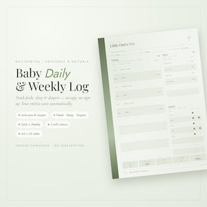 Peut inclure: Un modèle numérique de journal quotidien et hebdomadaire pour bébé dans des tons vert doux. Le document comprend des sections pour suivre les repas, le sommeil et les changes, avec des titres comme Little One's Day, Feeding, Sleep et Diapers.