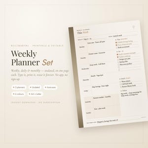 Peut inclure: Un ensemble de planificateurs hebdomadaires numériques avec une mise en page imprimable et modifiable. Le document comprend des sections pour les tâches quotidiennes du lundi au dimanche, un objectif, des priorités, des listes et des notes.