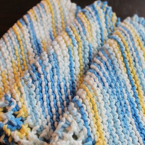 3 Hand Knitted Dish Cloths, Blue, Yellow and White, 100% Cotton image 4