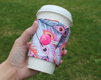 Handmade Fabric Coffee Cozy, Cotton, Pink Feather, Iced Coffee, Coffee Sleeve, travel cup cozy, gift, Tea, fits Starbucks to go cup