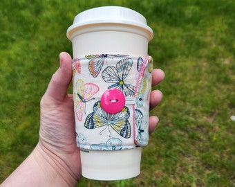 Handmade Fabric Coffee Cozy, Pink Butterfly, Cotton, Iced Coffee, Coffee Sleeve, travel cup cozy