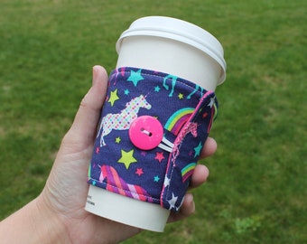 Handmade Fabric Coffee Cozy, Colorful Unicorns, Travel Mug, Cozie, Iced Coffee, Cotton Coffee Sleeve, Starbucks To Go Cup, zarf