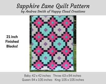 DIGITALE PDF Sapphire Lane Quilt Patroon, Baby, Gooi, Koningin, Kingsize, Snel, Gemakkelijk, Big Block, quilter, moderne quilt, avontuurlijke beginner