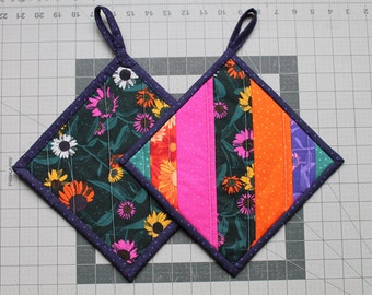 Quilted Potholder Set, Dark Jade Green, Bright Pink, Bright Orange, Yellow, Purple and WhitePatchwork, Floral, Ready to ship, pot holder