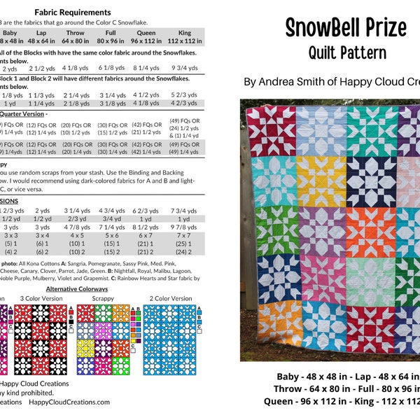 DIGITAL PDF SnowBell Prize Quilt Pattern, Baby, Throw, Full, Queen, King size, digital, modern quilt, snow, snowflake