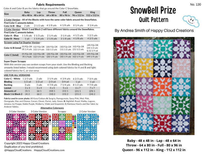 DIGITAL PDF SnowBell Prize Quilt Pattern, Baby, Throw, Full, Queen, King size, digital, modern quilt, snow, snowflake image 1