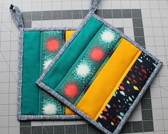 Quilted Potholder Set, Navy, Teal, Navy, Teal, Mustard, Nectarine (Orange), Aqua, brown and white.  Patchwork, Ready to ship, pot holder