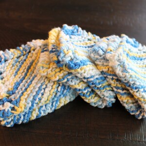 3 Hand Knitted Dish Cloths, Blue, Yellow and White, 100% Cotton image 2