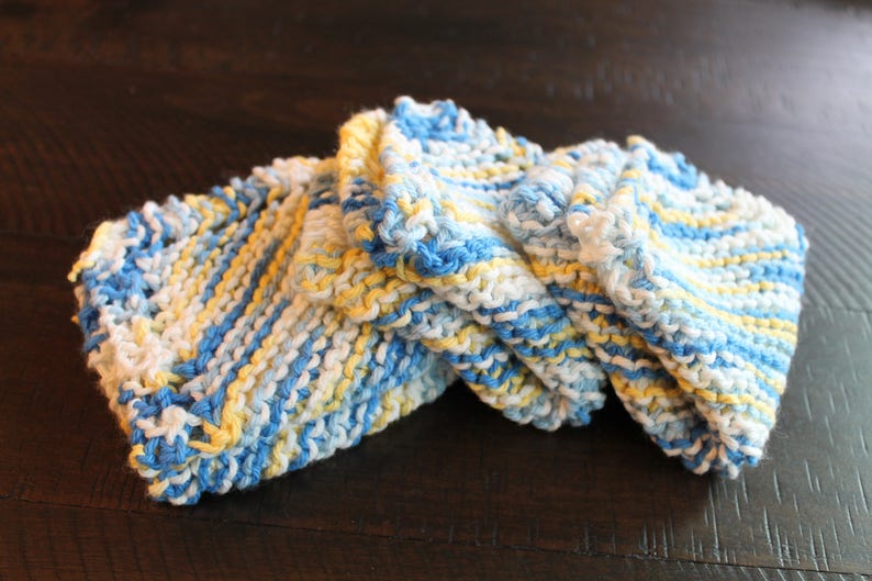 3 Hand Knitted Dish Cloths, Blue, Yellow and White, 100% Cotton image 2