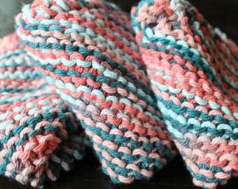 3 Hand Knit Dishcloths, Coral, Teal, Dark Grey, and Aqua, Cotton, Sugar'n Cream Yarn