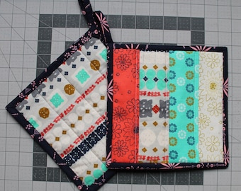 Quilted Potholder Set, Red, Navy, Coral, Turquoise, Mustard, Green and Cream.  Patchwork, Floral, Ready to ship, pot holder