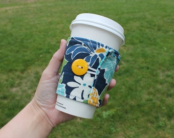 Handmade Fabric Coffee Cozy, Blue Yellow Floral, Travel Mug, Cozie, Iced Coffee, fits multiple sizes