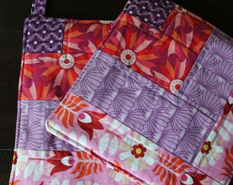 Patchwork Potholder Set, Pink, Purple, Orange, Deep red, Cream, pot holders, hot pads, Ready to ship