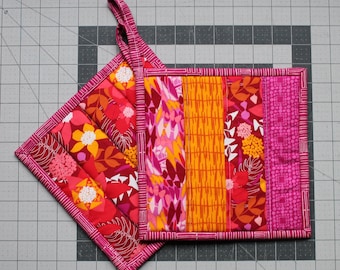 Quilted Potholder Set, Pink, Red, Yellow/Gold, Orange, Purple, Magenta, White, Floral, Flower, Patchwork, Ready to ship, pot holder