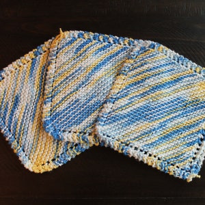 3 Hand Knitted Dish Cloths, Blue, Yellow and White, 100% Cotton image 5