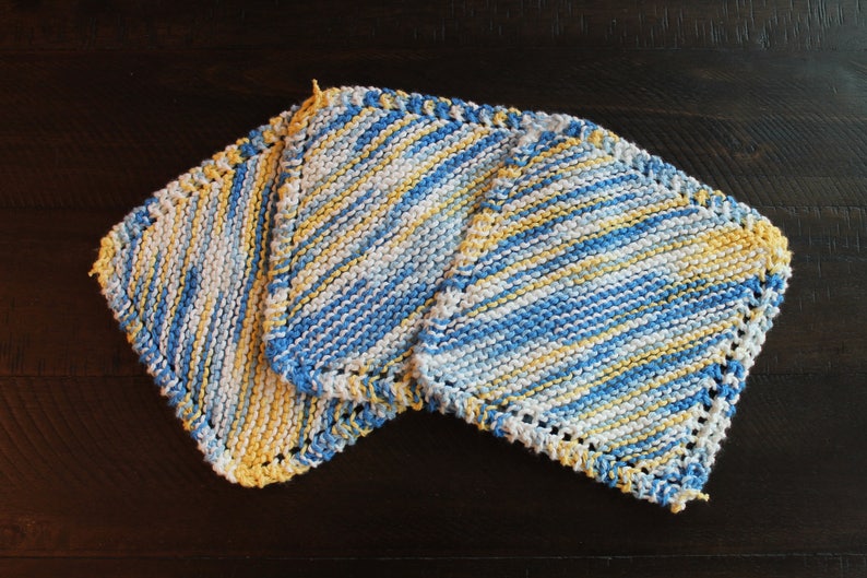 3 Hand Knitted Dish Cloths, Blue, Yellow and White, 100% Cotton image 5