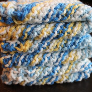 3 Hand Knitted Dish Cloths, Blue, Yellow and White, 100% Cotton image 3