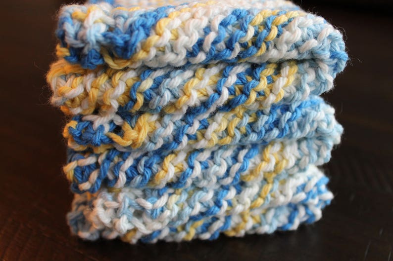 3 Hand Knitted Dish Cloths, Blue, Yellow and White, 100% Cotton image 3