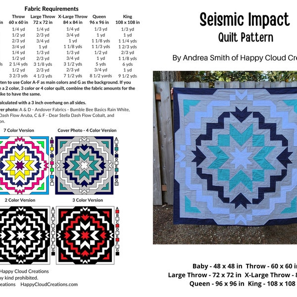 DIGITAL PDF Seismic Impact Quilt Pattern, Baby, Throw, Large Throw, X Large Throw, Queen, King size, digital, modern quilt, Star quilt