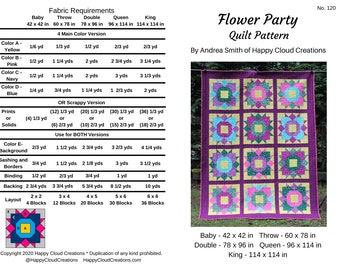 DIGITAL PDF Flower Party Quilt Pattern, Baby, Throw, Double, Queen, King size, modern flower quilt