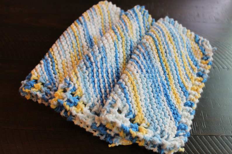 3 Hand Knitted Dish Cloths, Blue, Yellow and White, 100% Cotton image 4