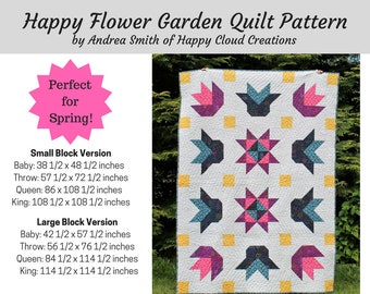 DIGITAL PDF Happy Flower Garden Quilt Pattern, Baby, Crib,Toddler, Throw, Queen, King,  floral, flower, half square triangles, flying geese