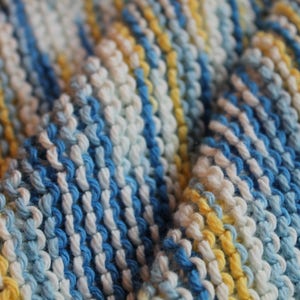 3 Hand Knitted Dish Cloths, Blue, Yellow and White, 100% Cotton image 1