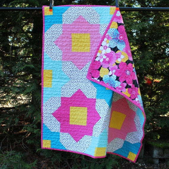 Neon Girly Baby Quilt Bedding Toddler Large Crib Blanket Triangles Bright Flourescent Pink Green Blue Flowers Modern Trendy
