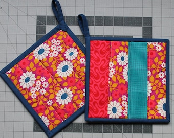 Quilted Patchwork Potholder Set, Red, Navy, Teal, Magenta, Mustard and White. Floral, Ready to ship, pot holder