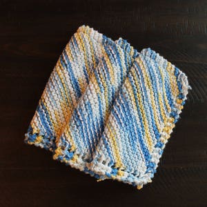 3 Hand Knitted Dish Cloths, Blue, Yellow and White, 100% Cotton image 6