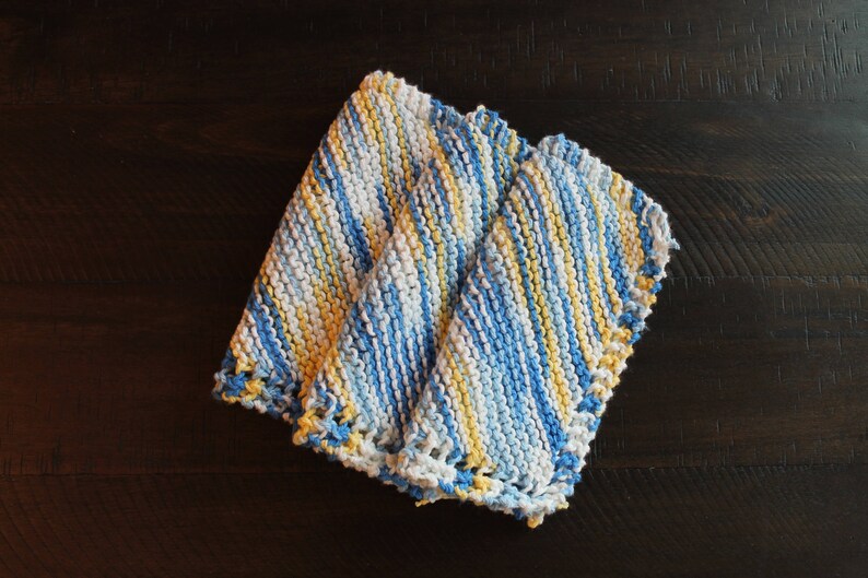 3 Hand Knitted Dish Cloths, Blue, Yellow and White, 100% Cotton image 6