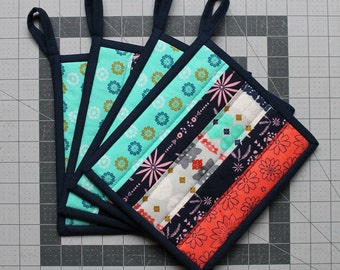 4 Quilted Patchwork Potholder Set, Red, Navy, Coral, Turquoise, Mustard, Green and Cream. Floral, Ready to ship, pot holder