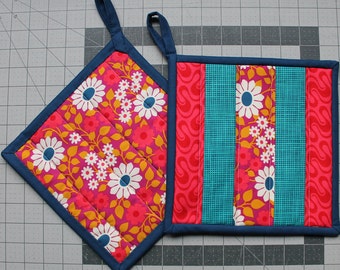 Quilted Potholder Set, Red, Navy, Teal, Magenta, Mustard and White.  Patchwork, Floral, Ready to ship, pot holder
