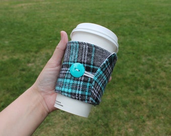Flannel Coffee Cozy, Plaid Coffee Cozy,  Teal, Black and White, ready to ship, Iced Coffee, Travel Coffee Sleeve, Cotton, Gift, To go