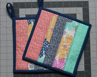 Quilted Potholder Set, Navy, Orange, Pink, Yellow, Aqua and white. Patchwork, Floral, Ready to ship, pot holder