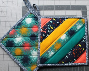 Quilted Patchwork Potholder Set, Navy, Teal, Navy, Teal, Mustard, Orange, Aqua, brown and white. Ready to ship, pot holder