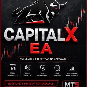 May include: A black and white bull graphic above the words "CAPITAL X EA" in silver and red. The image promotes automated forex trading software, highlighting features like smart strategy and risk management. The text "DISCIPLINE. STRATEGY. PERFORMANCE." is also included.