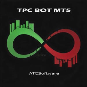 May include: A black background featuring a green and red infinity symbol. The text "TPC BOT MT5" is at the top, with "ATCSoftware" at the bottom. Each loop of the infinity symbol has a cityscape design.