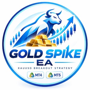 Puede incluir: Un logotipo circular con un toro azul saltando sobre una pila de lingotes de oro con un gráfico de velas azul ascendente. El texto dice GOLD SPIKE EA, XAUUSD BREAKOUT STRATEGY, con iconos de MT4 y MT5 en la parte inferior.