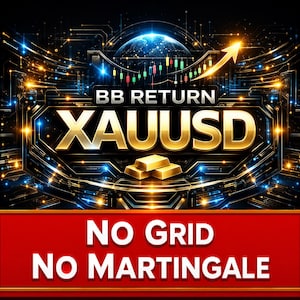 以下が含まれることがあります： 暗い背景に「BB RETURN XAUUSD」の金色の文字が描かれたデジタルグラフィック。基板パターンと上向きの矢印が特徴です。「NO GRID NO MARTINGALE」というテキストも赤いバナーに表示されています。