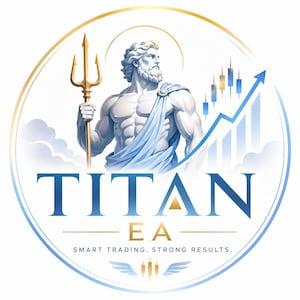 Könnte beinhalten: Ein kreisförmiges Logo mit einer muskulösen, weiß getönten Statue einer bärtigen Figur, die einen goldenen Dreizack hält. Rechts ein blauer Aufwärtspfeil und ein Balkendiagramm. Darunter der Text TITAN EA und SMART TRADING. STRONG RESULTS.