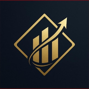 May include: A gold-colored logo on a dark blue background. The logo features three vertical bars, an upward-pointing arrow, and a diamond-shaped border. The design suggests growth and financial success.