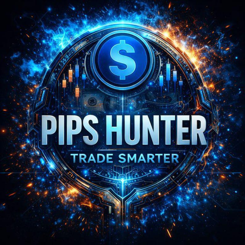 May include: A digital graphic in blue and gold tones. The image shows a circular emblem with the text "PIPS HUNTER TRADE SMARTER". A blue dollar sign is at the top, surrounded by a glowing energy effect.