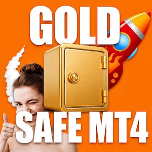 May include: An orange background with the word "GOLD" in large white letters. A gold safe is centered, with a red and yellow rocket to the right. The text "SAFE MT4" is at the bottom in white. A person is winking and giving a thumbs up.